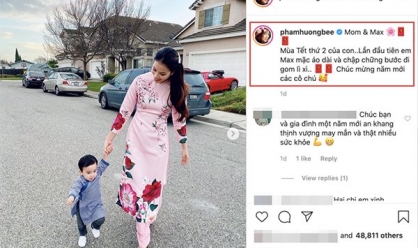 Đón tết xa nhà, Phạm Hương không quên cùng con trai diện áo dài truyền thống, ra dáng người Việt