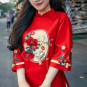 Áo dài cách tân màu đỏ họa tiết hoa đào diện tết mẫu số PTAD048